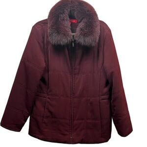 Ann Klein Mid Length Women Maroon Fur Collar Coat Size M 100% Polyester